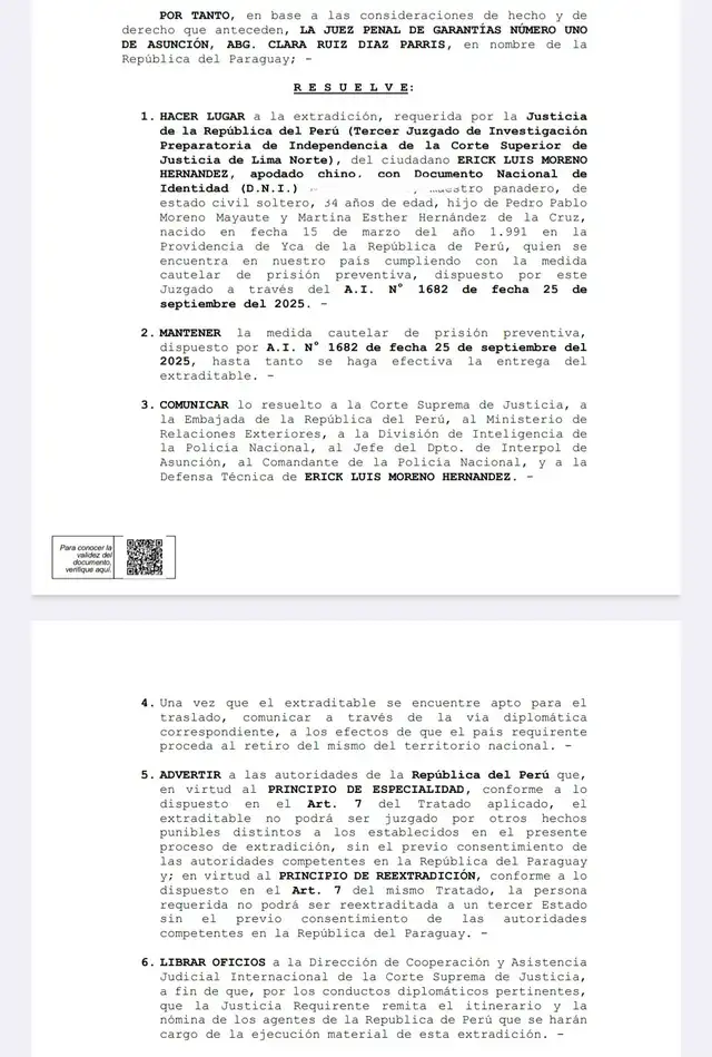 El texto de la resolución sobre extradición del peruano Erick Moreno. Foto: difusión El texto de la resolución sobre extradición del peruano Erick Moreno. Foto: difusión