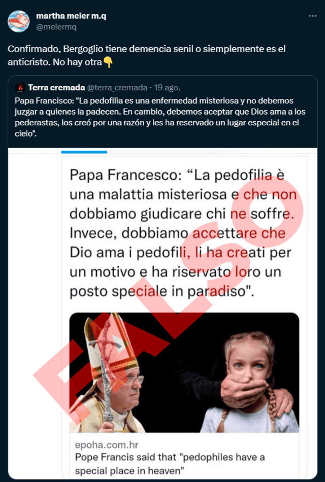  Martha Meier Miró Quesada difundió desinformación sobre el papa Francisco. Foto: captura de Twitter    