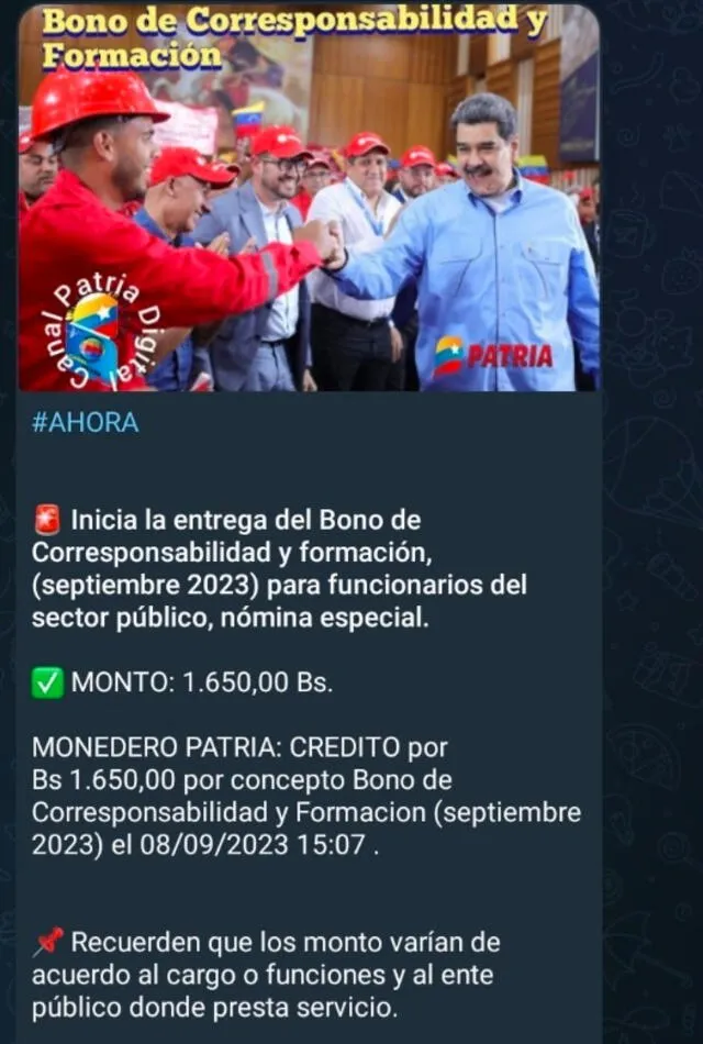 El Bono de Corresponsabilidad y Formación es uno de las ayudas económicas entregadas por el gobierno. Foto: Telegram   