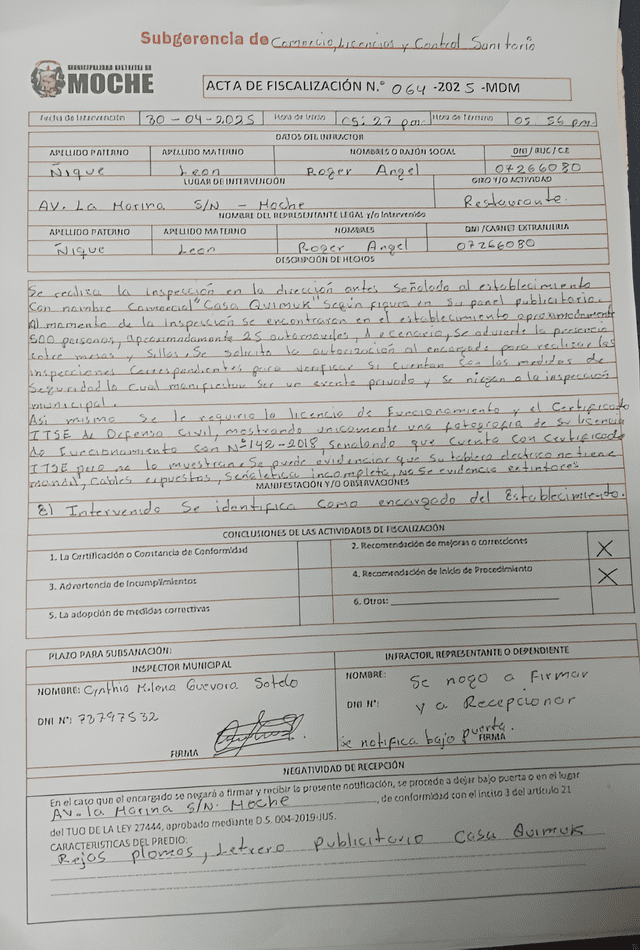 Acta de Fiscalización sobre sanciones a restaurante "El Mochica" Foto: Acta de multa Acta de Fiscalización sobre sanciones a restaurante "El Mochica" Foto: Acta de multa