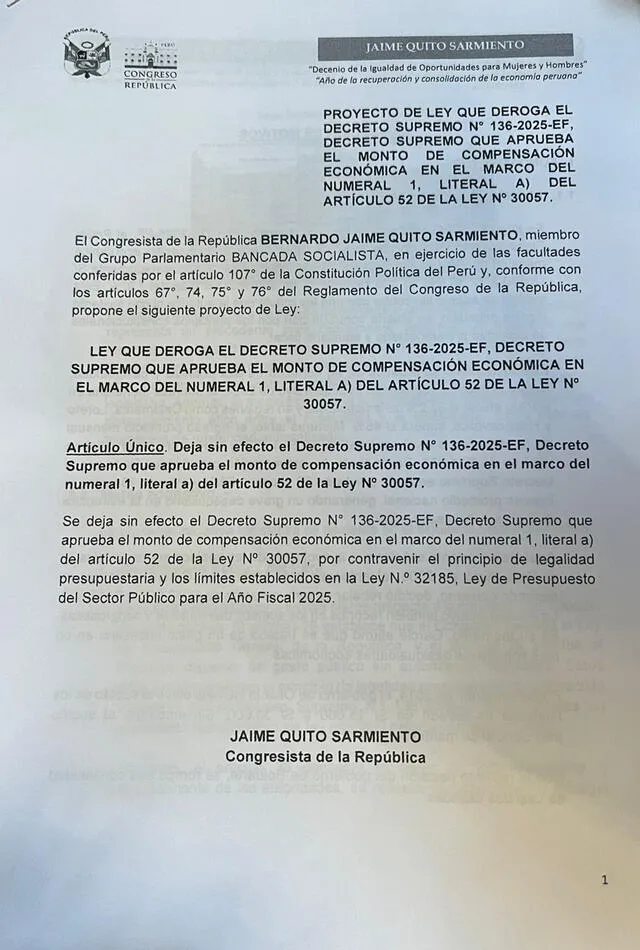 Proyecto de ley presentado por el congresista Jaime Quito. Foto: difusión Proyecto de ley presentado por el congresista Jaime Quito. Foto: difusión