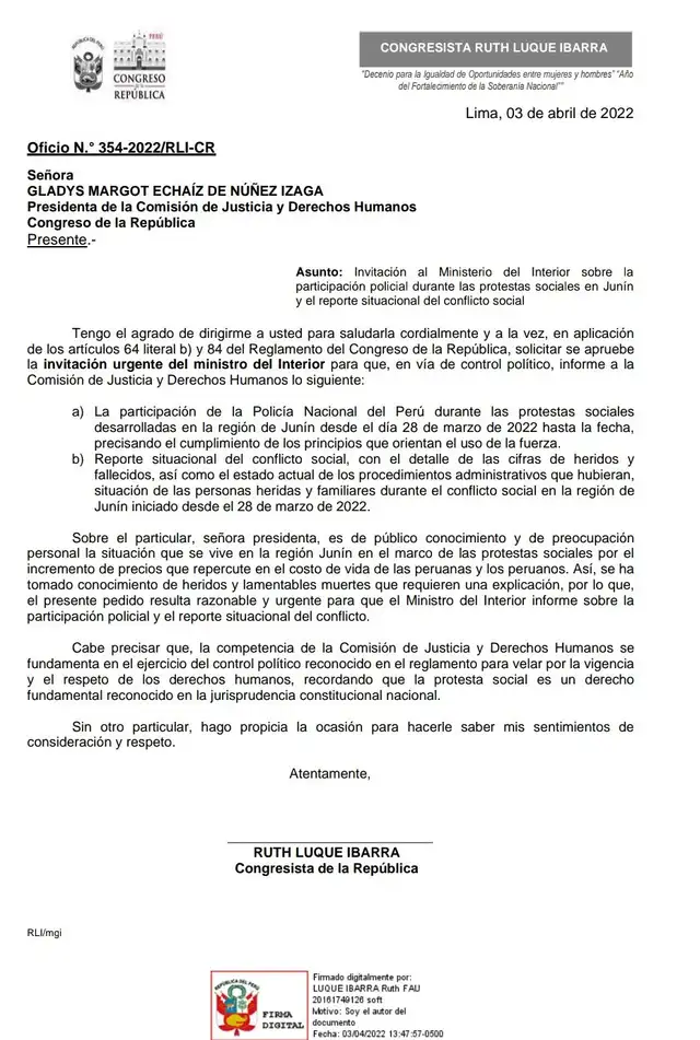 Oficio enviado por Ruth Luque. Foto: @RuthLuqueIbarra / Twitter