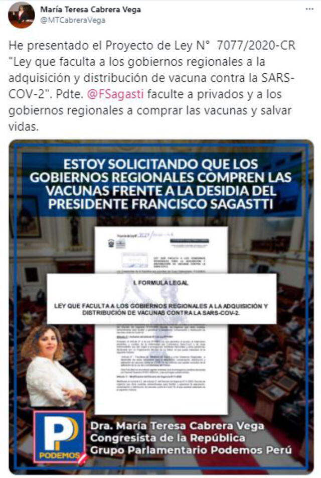 María Teresa Cabrera anuncia su propuesta vía su cuenta oficial. Foto: Twitter @MTCabreraVega