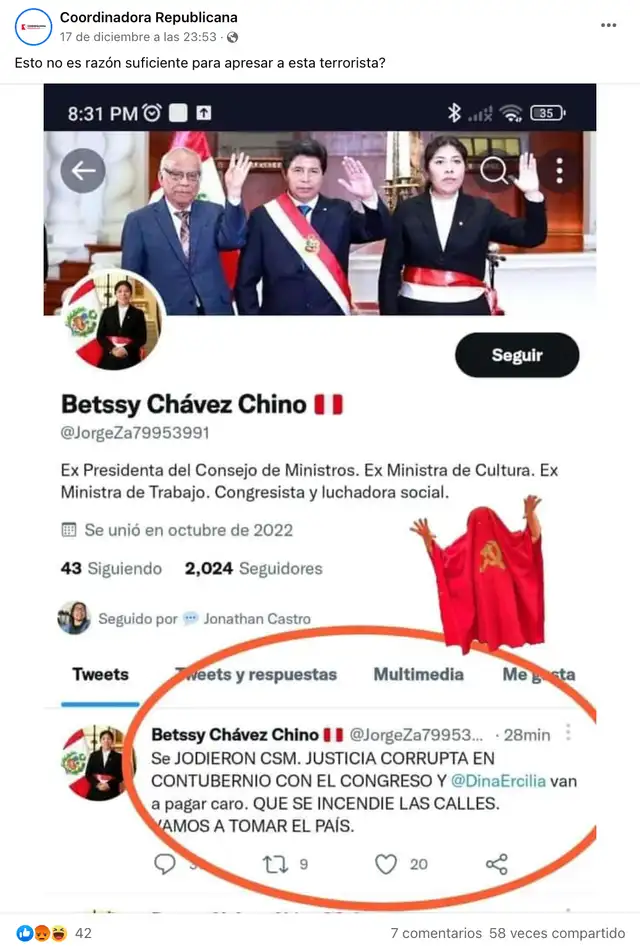 Publicación atribuida a Betssy Chávez. Foto: captura de Facebook Publicación atribuida a Betssy Chávez. Foto: captura de Facebook