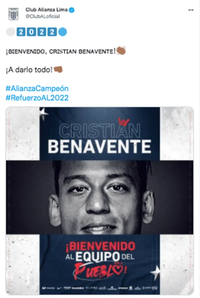 Benavente jugará la Liga 1 Betsson y la Copa Libertadores. Foto: captura Twitter Alianza Lima
