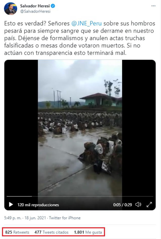 El excongresista Salvador Heresi compartió el video a través de un tuit. Foto: Captura Twitter.