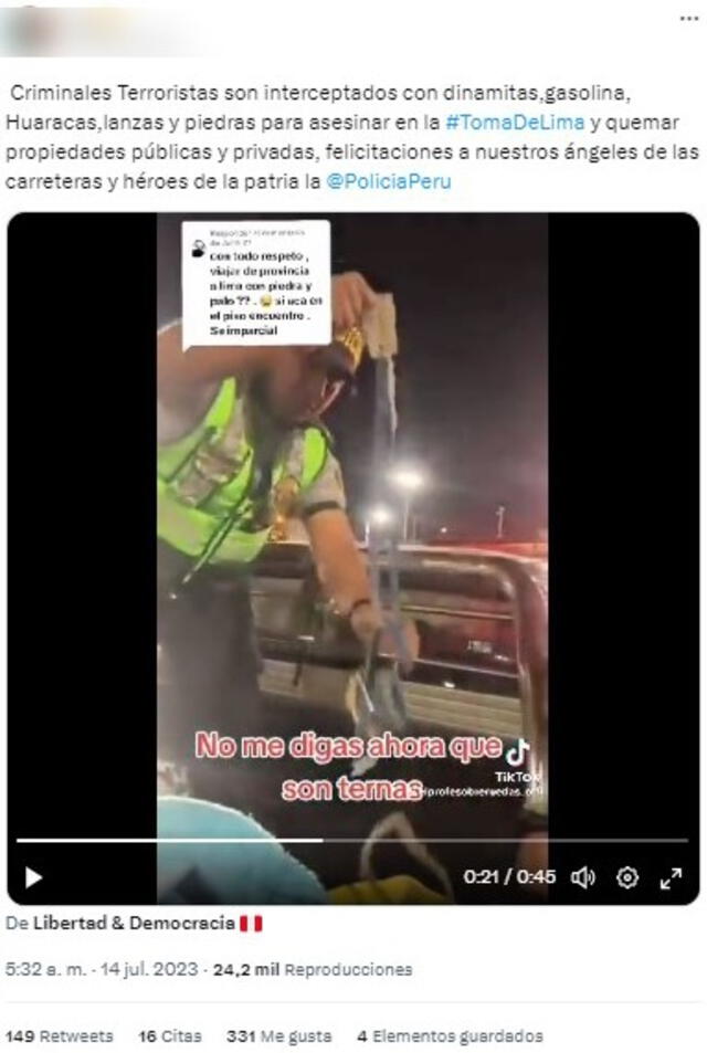  Los posts difunden un video para asegurar que se trata de operativo policial contra los manifestantes que vienen a participar de la ‘Toma de Lima’. Foto: captura en Twitter.   