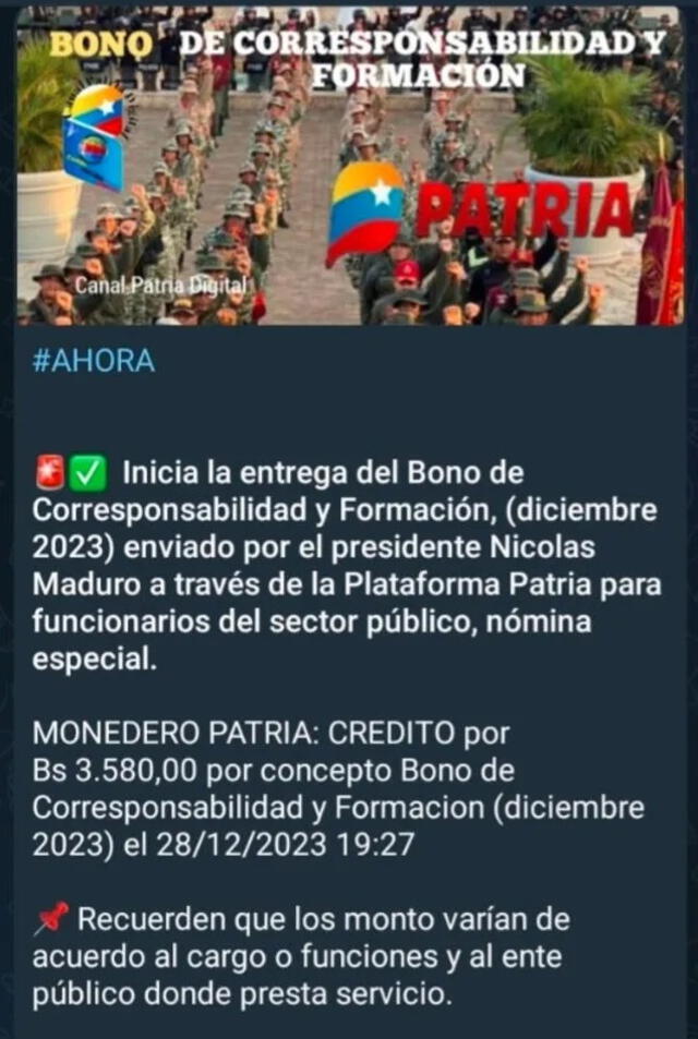 El Bono de Corresponsabilidad posee uno de los montos más elevados. Foto: Canal Patria Digital   