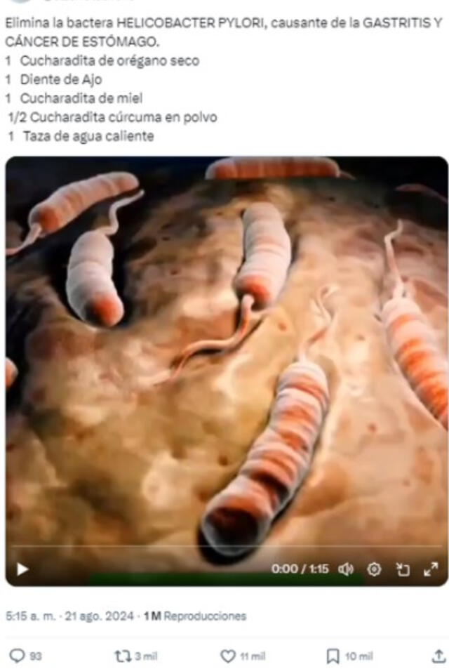  Desinformación sobre el tratamiento del Helicobacter pylori. Foto: captura en X.<br><br>    