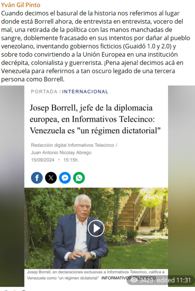 Yván Gil arremetió contra Josep Borrell a través de su canal de Telegram. Foto: Yván Gil Pinto/Telegram   