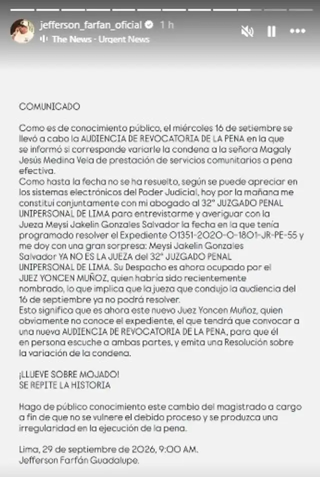 Jefferson Farfán advirtió sobre el cambio de juez en su caso contra Magaly Medina.