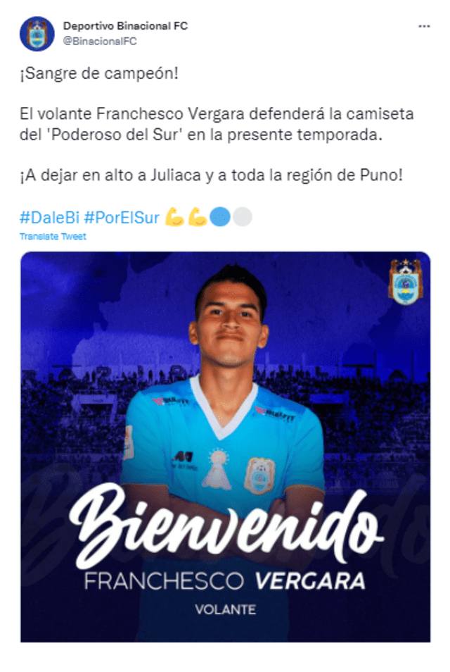 Publicación de Binacional. Foto: Twitter Binacional