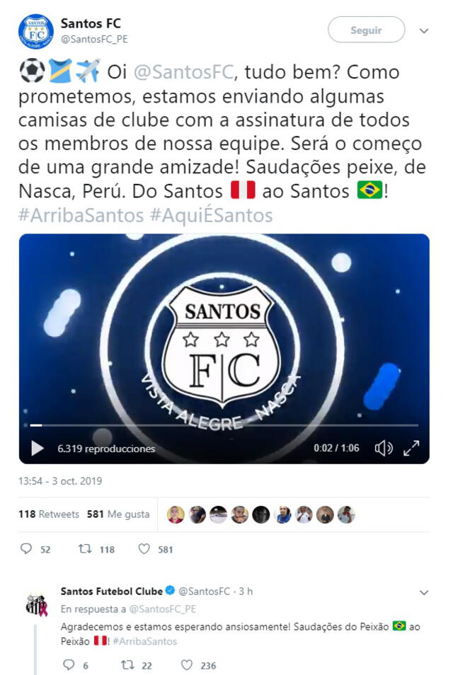 El equipo de São Paulo no dudó en responderle a su par peruano.