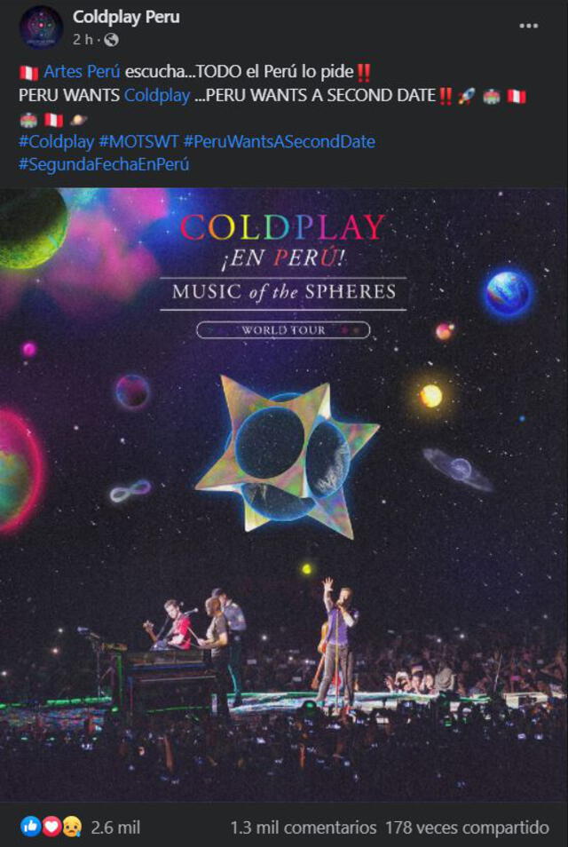 Seguidores peruanos piden una segunda fecha tras la gran acogida de Coldplay. Foto: captura de Facebook