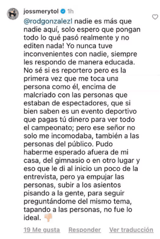 Jossmery Toledo confronta a Rodrigo González. Foto: captura de Instagram   