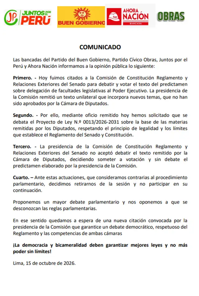 Comunicado de bancadas de oposición