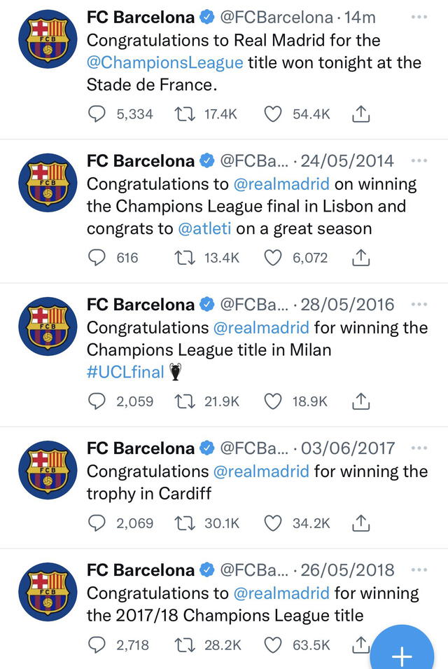 Así fueron los distintos saludos del FC Barcelona a las Champions del Madrid. Foto: captura FC Barcelona/Twitter.