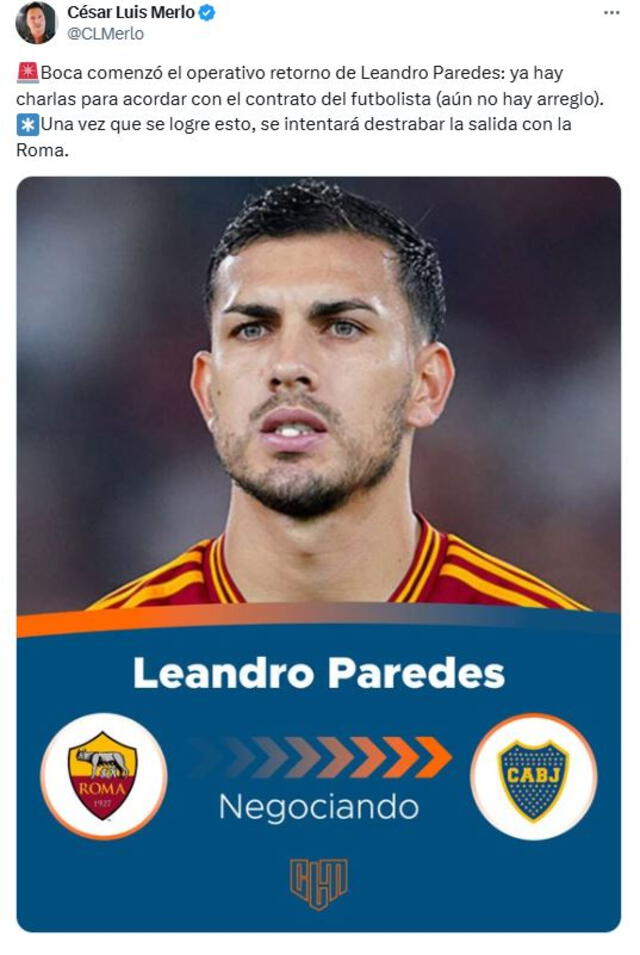  Boca Juniors empieza a negociar con Leandro Paredes. Foto: X/Cesar Luis Merlo   