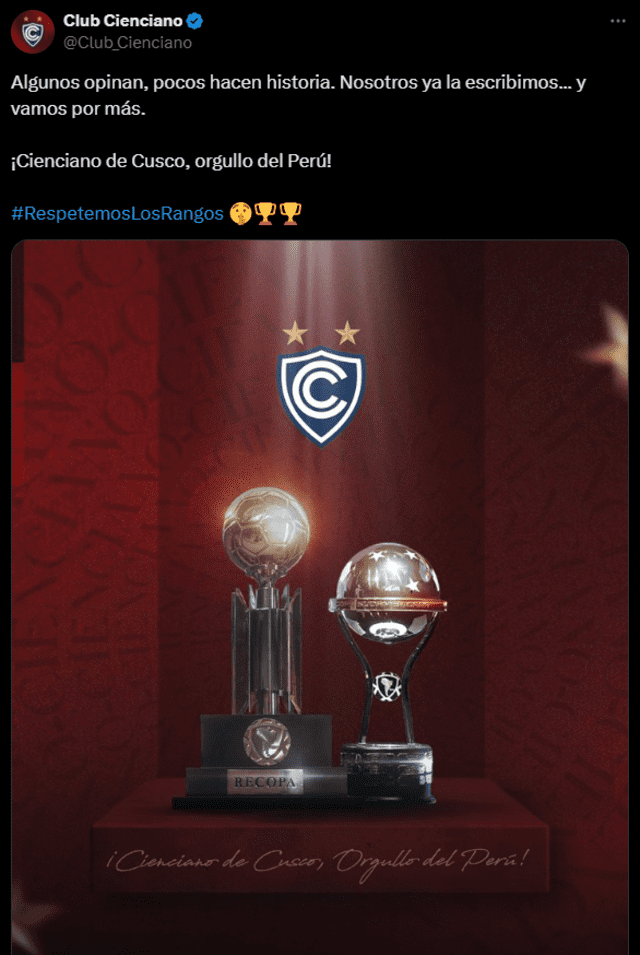 Publicación del cuadro cusqueño. Foto: X/Cienciano.   