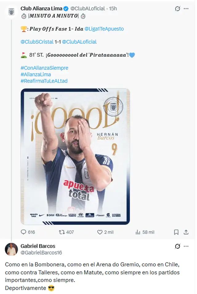 Gabriel Barcos resaltó los goles que hizo Hernán con Alianza. Foto: X Gabriel Barcos resaltó los goles que hizo Hernán con Alianza. Foto: X