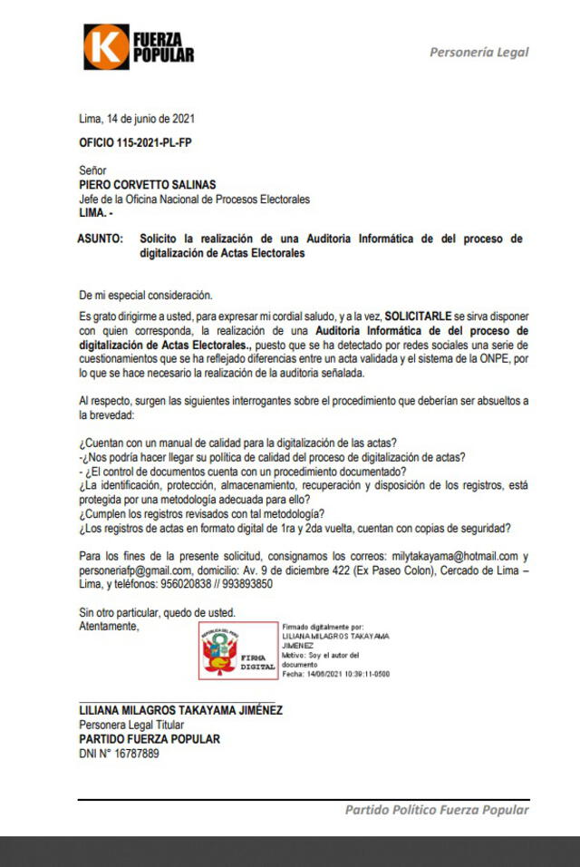 Carta enviada por Fuerza Popular a la ONPE.