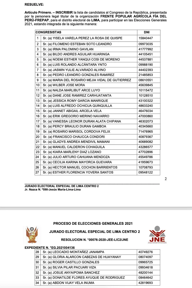 JEE inscribirá lista al Congreso por Lima del Frepap. Foto: captura/resolución 00076-2020-JEE