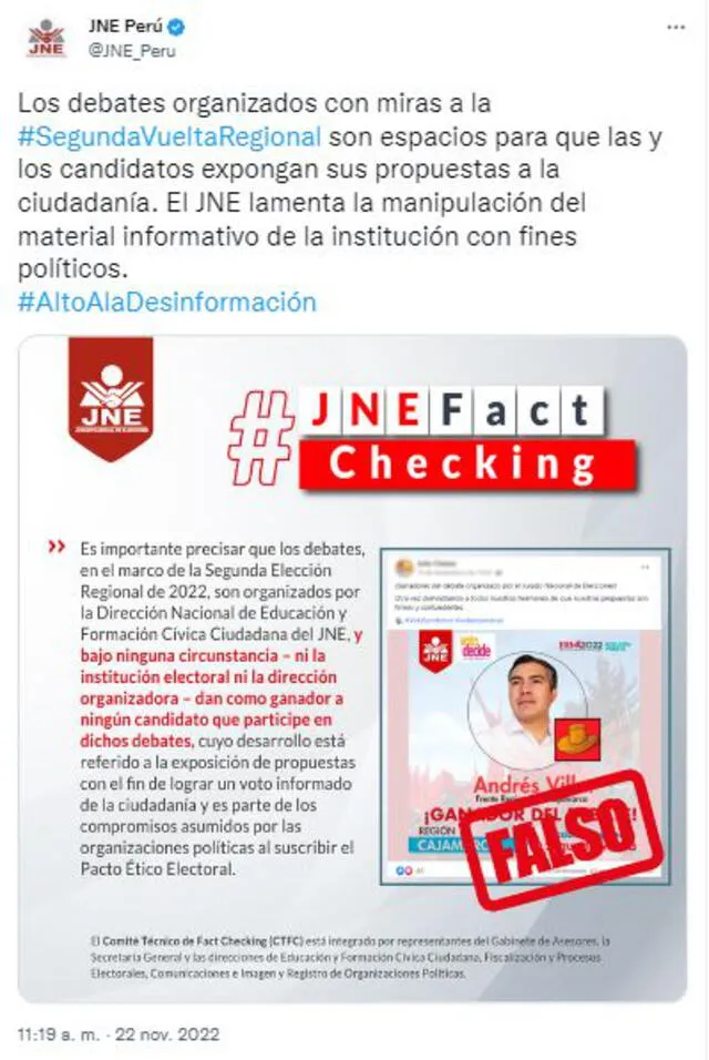 JNE desmiente contenido de la gráfica 2. Foto: captura en Twitter / JNE.