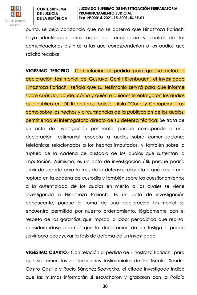 Juez Checkley accede a que la defensa de Hinostroza interrogue a Gustavo Gorriti.   