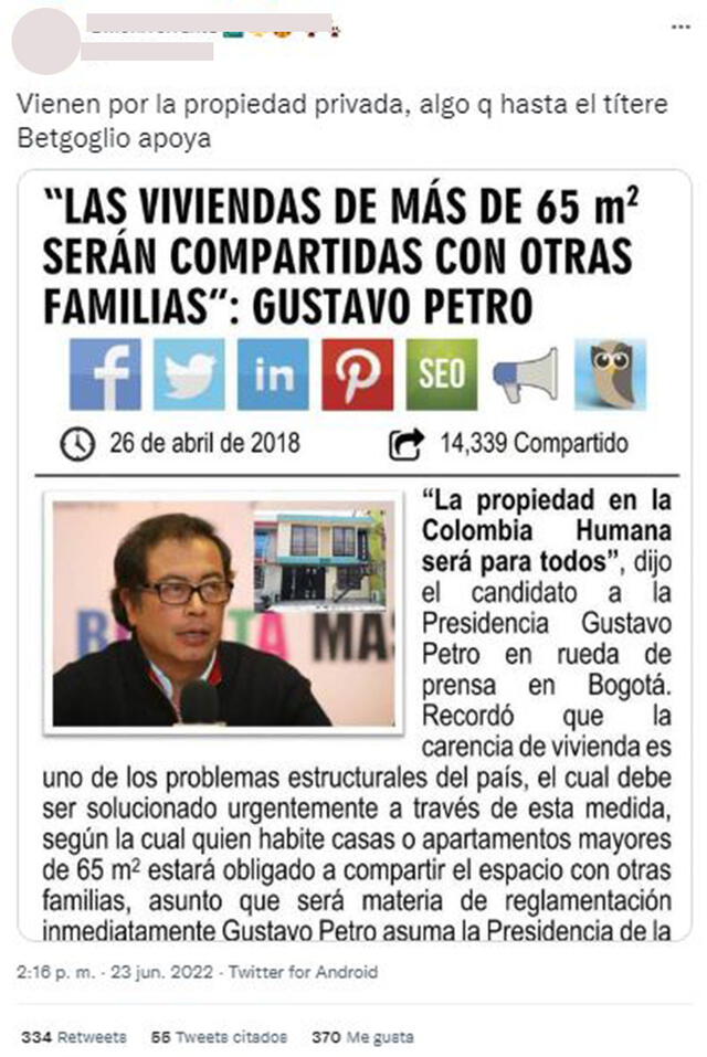 En la imagen se señala que Gustavo Petro propuso en campaña que algunas viviendas “serán compartidas con otras familias”. Foto: captura en Twitter.