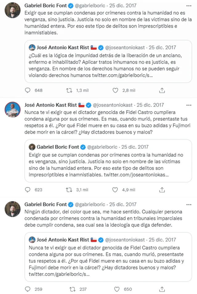 "Cualquier persona condenada por crímenes contra la humanidad en tribunales imparciales debe cumplir condena", respondió Boric. Foto: captura de Twitter