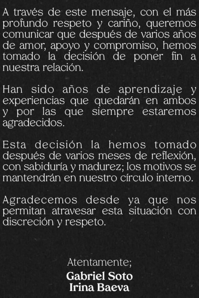 Comunicado que compartió Gabriel Soto ante la ruptura con Irina Baeva. Foto: Instagram/ gabrielsoto   