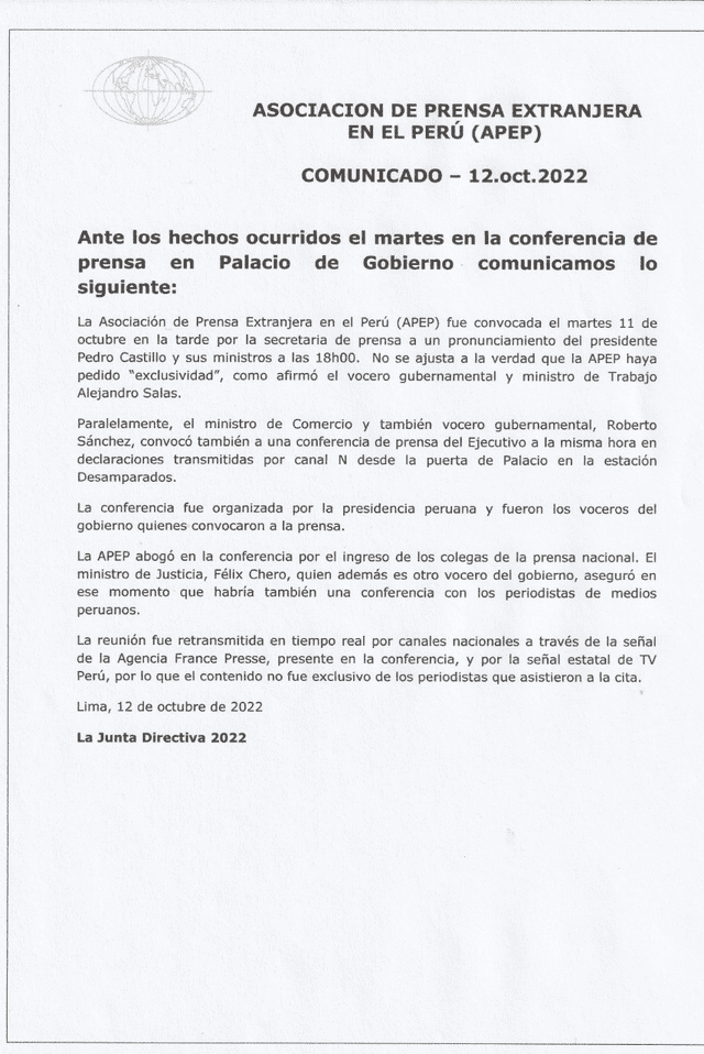 Comunicado de APEP del 12 de octubre de 2022.