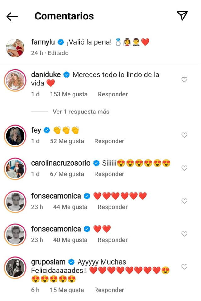 28.2.2022 | Comentarios en la publicación de Fanny Lu anunciando su compromiso. Foto: captura Fanny Lu/Instagram