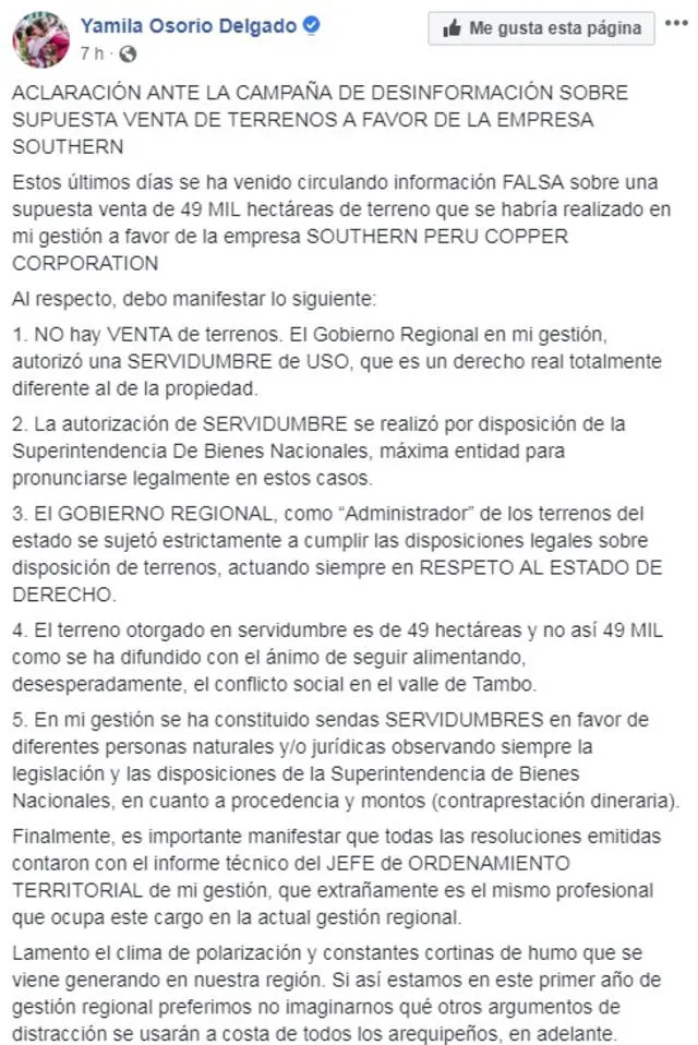 Yamila Osorio se pronunció en su cuenta de facebook.