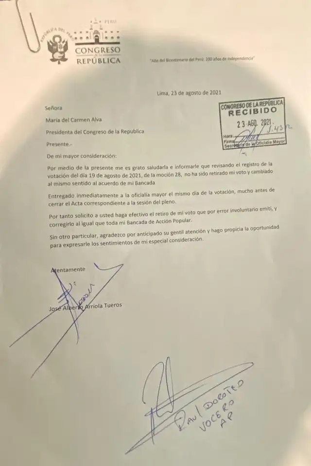 La segunda carta de Arriola el 23 de agosto, dirigida a la presidenta del Congreso, María del Carmen Alva