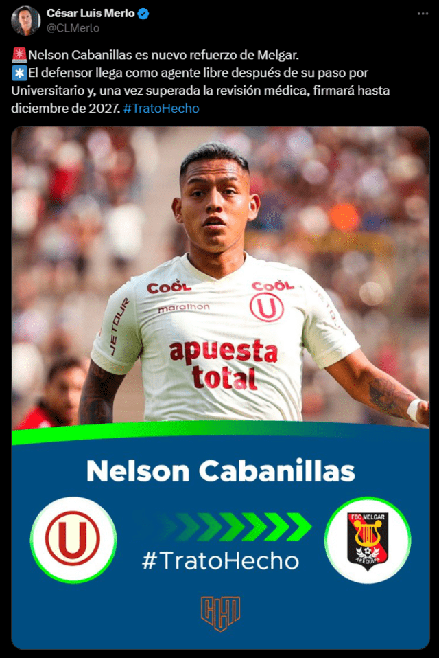  Nelson Cabanillas jugará en Melgar en la temporada 2025. Foto: captura de X/César Luis Merlo   