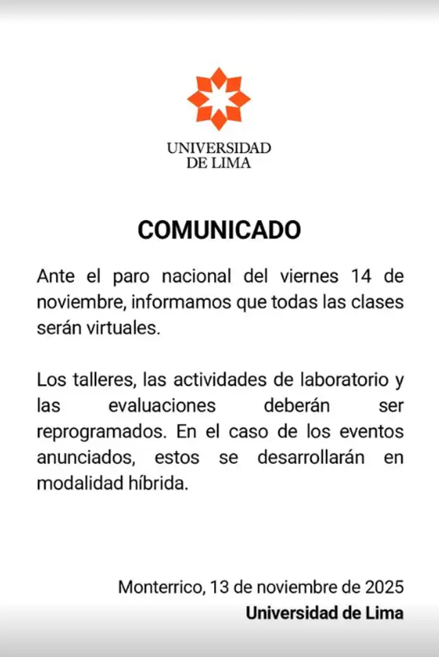 La Universidad de Lima se pronunció y dijo que otros eventos se desarollarán de forma híbrida.   
