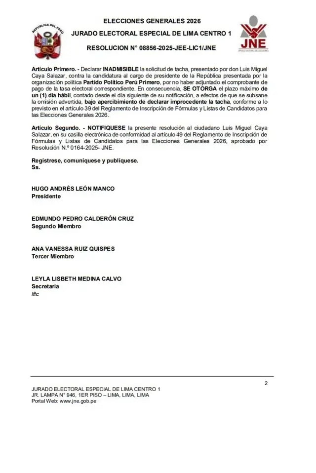  Resolución del JNE sobre tacha presentada contra Mario Vizcarra. Foto: difusión   