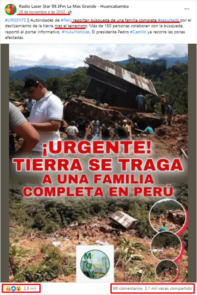 Posteo viral sobre el supuesto entierro de una familia, tras el terremoto en Loreto. FOTO: Captura de Facebook.