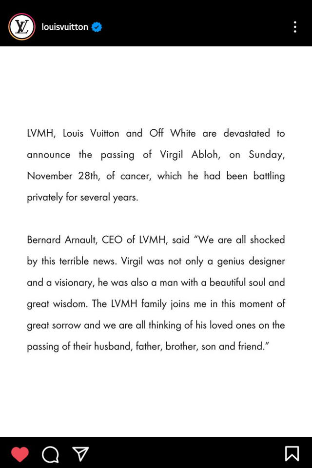 Louis Vuitton sobre la muerte de Virgil Abloh. Foto: captura Instagram