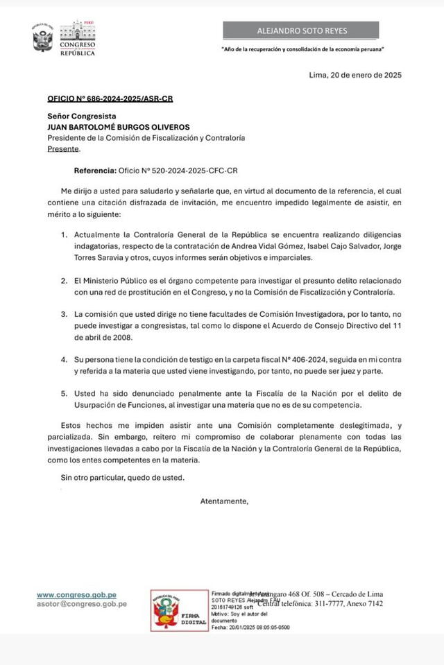  Oficio de Alejandro de Soto enviado al presidente de la Comisión de Fiscalización, Juan Burgos.   