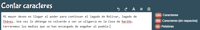 Recuento de caracteres del supuesto mensaje de Gustavo Petro en el año 2012. Fuente: Captura LR, Contar Caracteres.