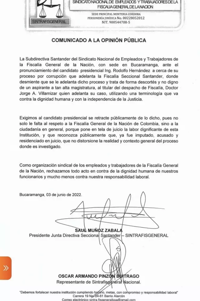 El Sindicato de la Fiscalía pide a Rodolfo Hernández no negar ni “distorsionar la realidad” del caso Vitalogic