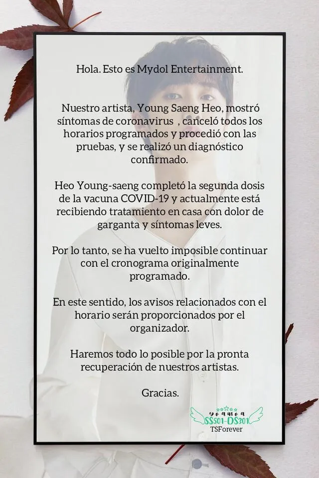 Comunicado sobre la salud de Heo Young Saeng. Foto: @YDs301