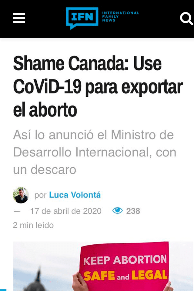 Nota que afirma que Canadá está exportando el aborto.