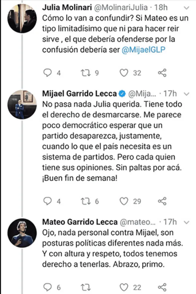 Mijael Garrido Leca le responde a Mateo Garrido Lecca. Foto. Captura de Twitter.