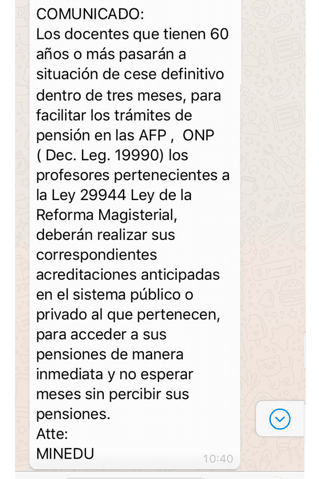 Mensaje falso de WhatsApp sobre el cese de docentes mayores de 60 años.