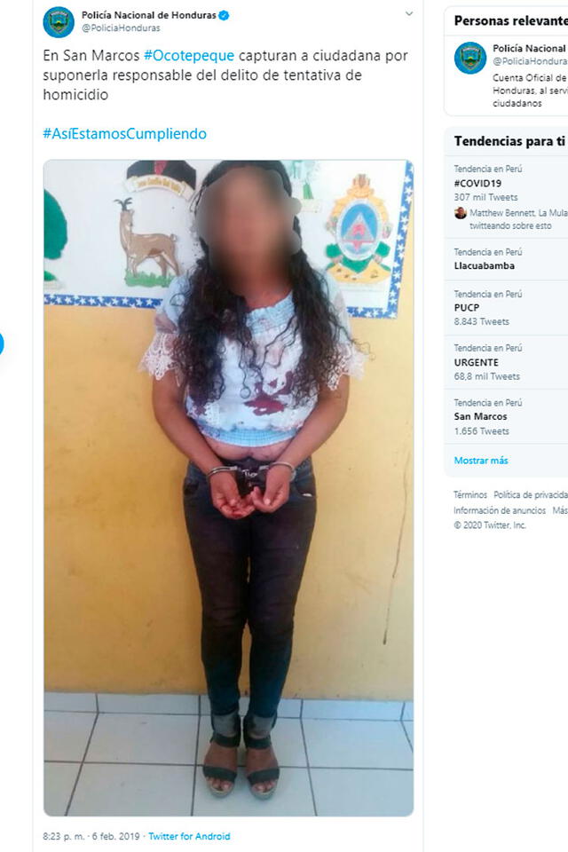 Policía de Honduras capturó a la mujer el 6 de febrero del 2019.