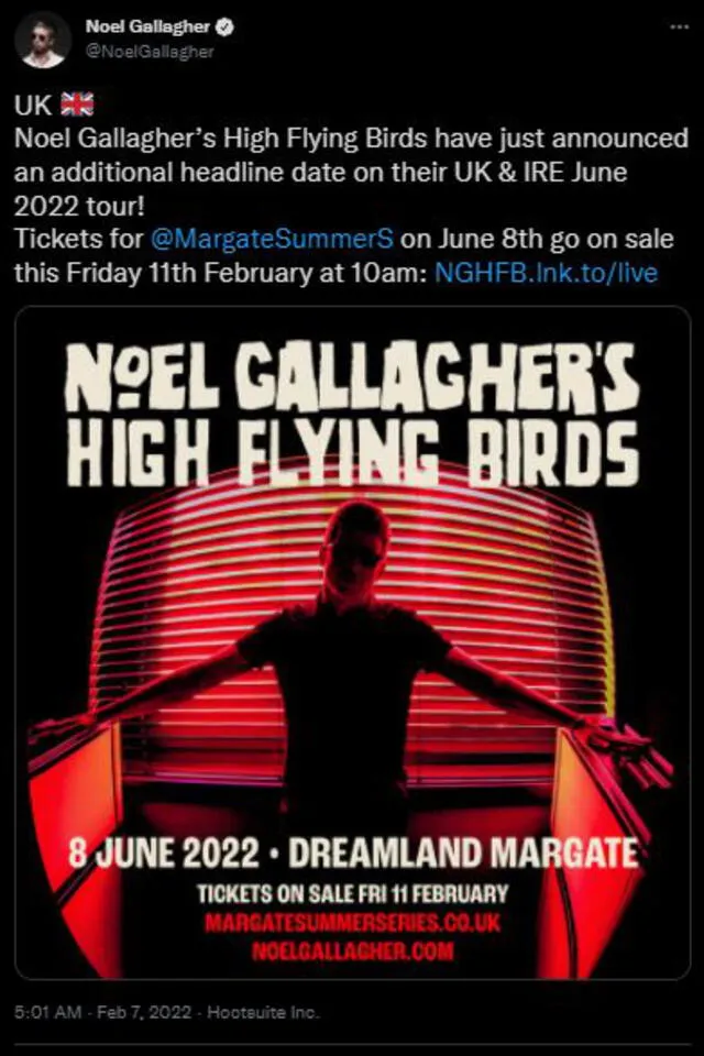 Noel Gallagher anuncia nueva fecha para su gira. Foto: Twitter Noel Gallagher