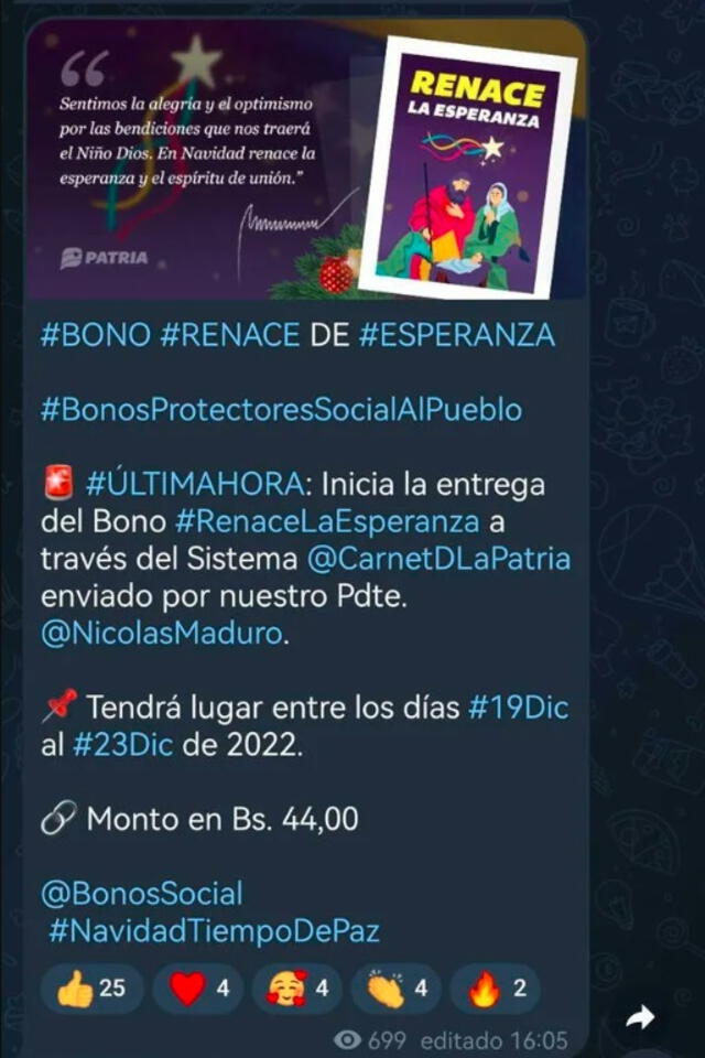  Anuncio del último pago del Bono Renace la Esperanza. Foto: Canal Patria Digital    